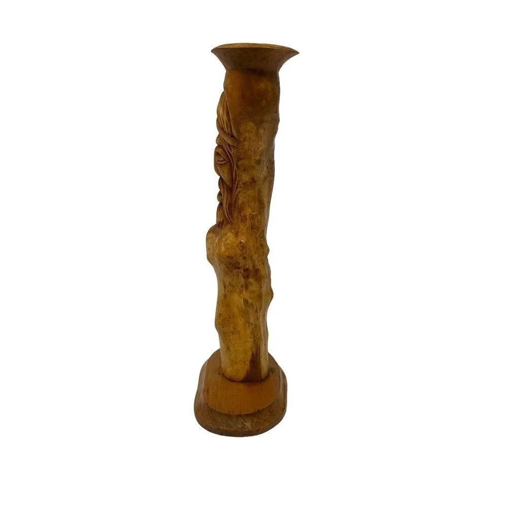 Hand Carved Wood Spirit Wizard Candlestick Holder Folk Art Whimsical Bearded Man